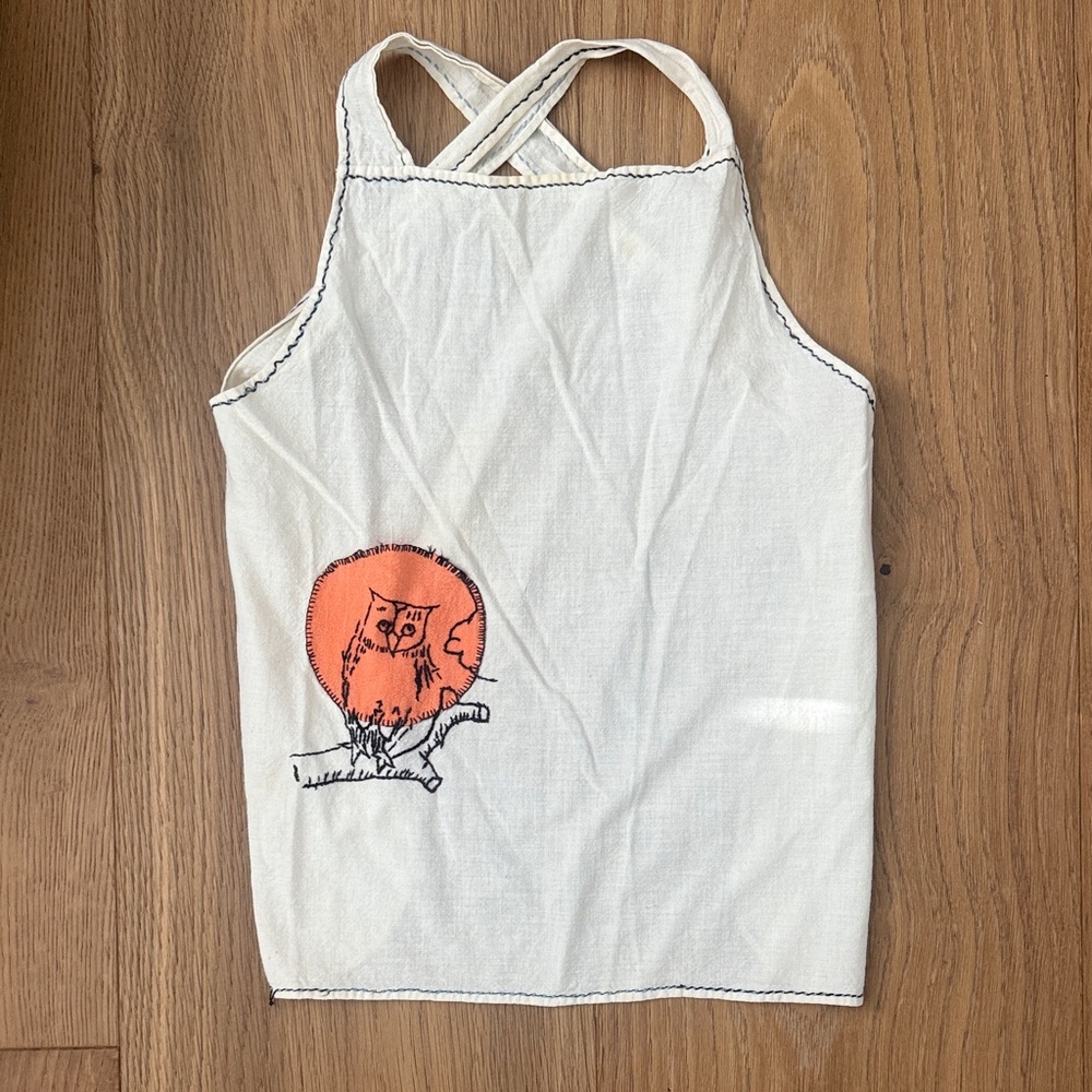 Vintage Cream Tank or Apron Orange Owl Graphic. Cross Cross in Back Vintage item